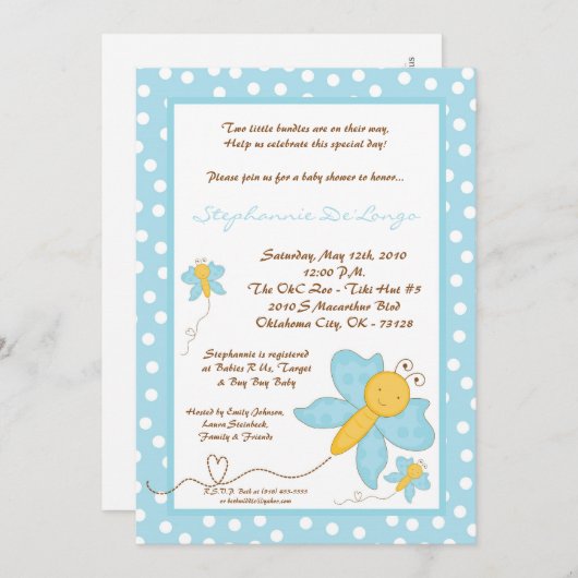 5x7ツインズブルーバタフライベビーシャワー招待状 招待状 (正面/裏面)