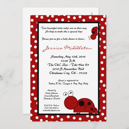 5x7ツインレッドレディバグベビーシャワー招待状 招待状 (正面/裏面)