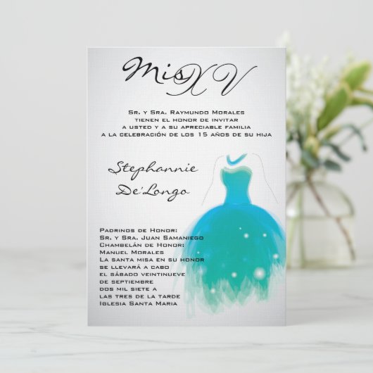 5x7ティール（緑がかった色）の服のキンセアニェラの誕生日の招待状 招待状 (スタンド正面)