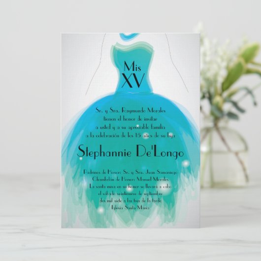 5x7ティール(緑がかった色)の服のキンセアニェラの誕生日の招待状 招待状 (スタンド正面)