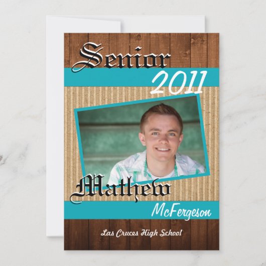 5x7ティール(緑がかった色)の木製の板の写真の先輩の発表 案内状 (正面)