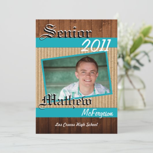 5x7ティール(緑がかった色)の木製の板の写真の先輩の発表 案内状 (スタンド正面)