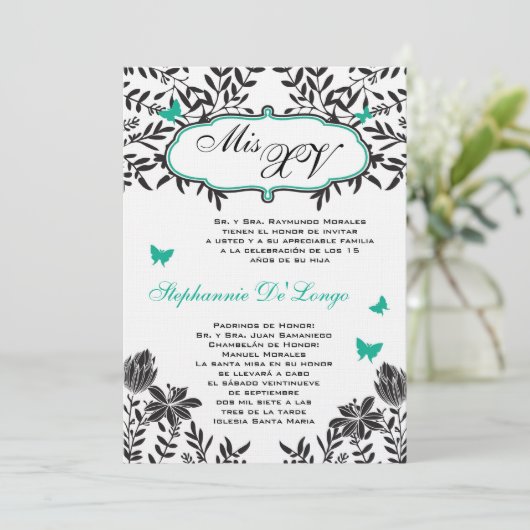 5x7ティール（緑がかった色）バタフライキンセアニェラ誕生日招待状 招待状 (スタンド正面)