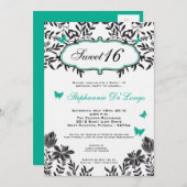 5x7ティール（緑がかった色）バタフライスイート16誕生日招待状 招待状 (正面/裏面)