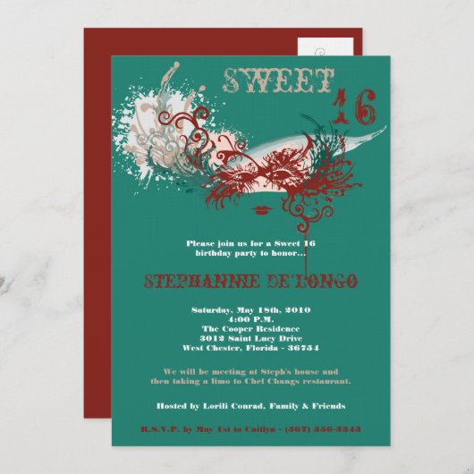5x7ティール(緑がかった色)マスカレードSweet 16誕生日招待状 招待状 (正面/裏面)