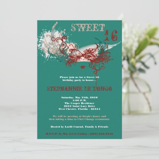5x7ティール(緑がかった色)マスカレードSweet 16誕生日招待状 招待状 (スタンド正面)