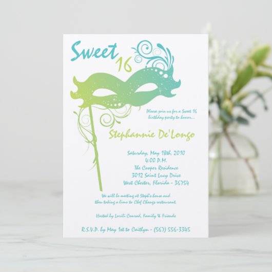 5x7ティール(緑がかった色)マスカレードSweet 16誕生日招待状 招待状 (スタンド正面)