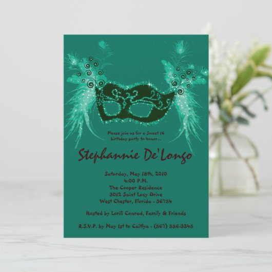 5x7ティール(緑がかった色)マスカレードSweet 16誕生日招待状 招待状 (スタンド正面)