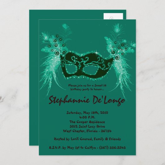 5x7ティール(緑がかった色)マスカレードSweet 16誕生日招待状 招待状 (正面/裏面)