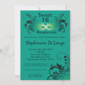 5x7ティール(緑がかった色)マスカレードSweet 16誕生日招待状 招待状 (正面)
