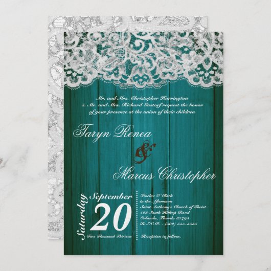 5x7ティール(緑がかった色)木およびレースの結婚式招待状 招待状 (正面/裏面)