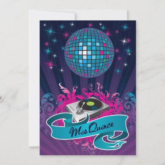 5x7ティール(緑がかった色)DJスピンターンテーブルキンセアニェラ招待状 招待状 (裏面)