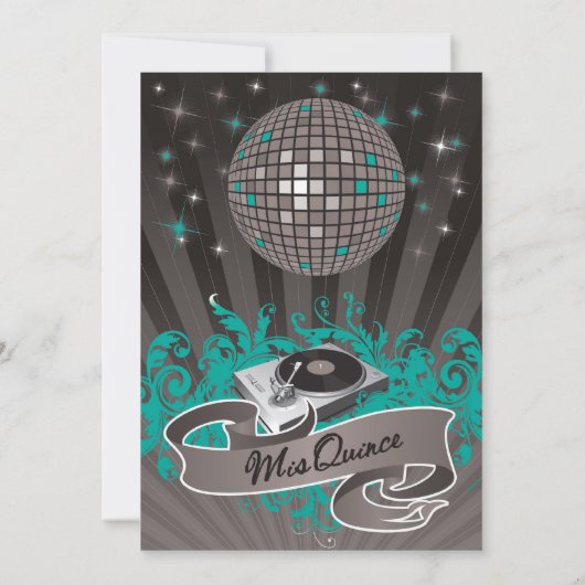 5x7ティール(緑がかった色)DJスピンターンテーブルキンセアニェラ招待状 招待状 (裏面)