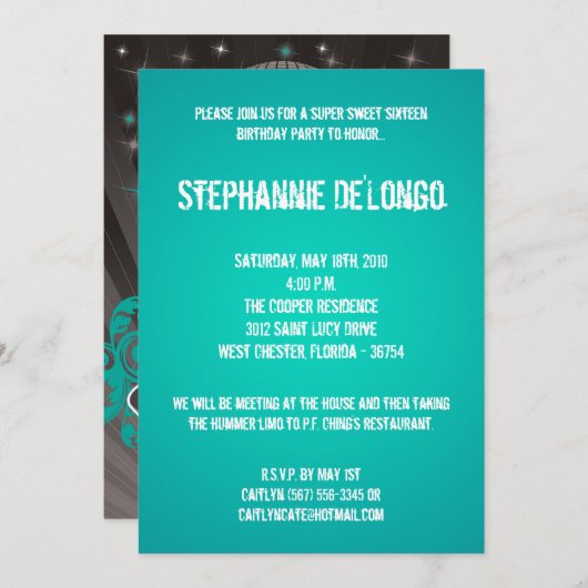 5x7ティール(緑がかった色)DJスピンターンテーブル16誕生日招待状 招待状 (正面/裏面)
