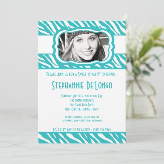 5x7ティール(緑がかった色)Zebra PHOTO甘い16誕生日招待状 招待状 (スタンド正面)