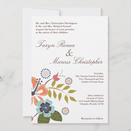 5x7トロピカルルアウ フラワー リネン 結婚式招待状 招待状 (正面)