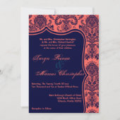 5x7ネイビーブルーコーラルダマスレース結婚式招待状 招待状 (正面)