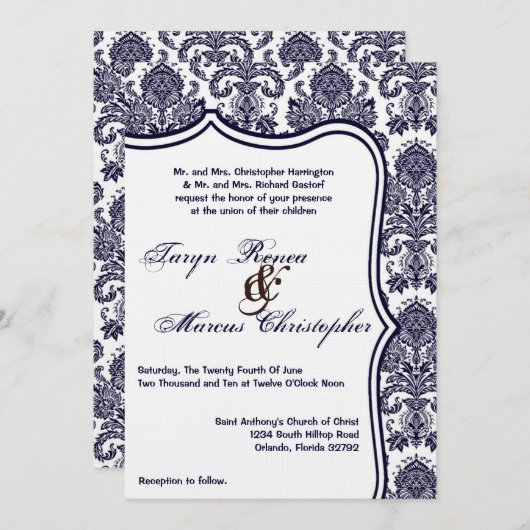 5x7ネイビーブルーダマスクレース結婚式招待状 招待状 (正面/裏面)