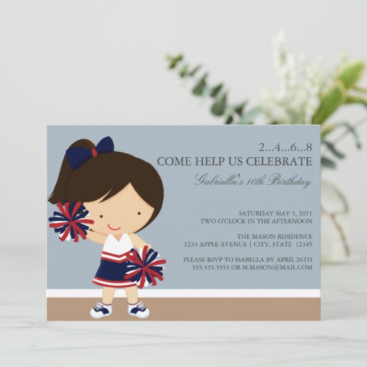 5x7ネイビー/赤のチアリーダー誕生日パーティ招待状 招待状 (スタンド正面)