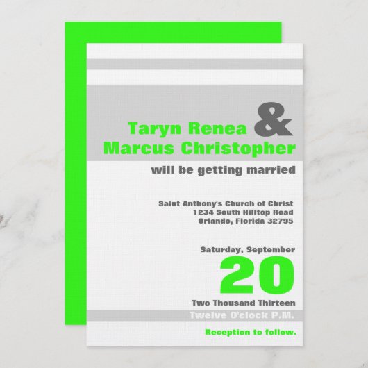 5x7ネオンモダングリーンストライプ結婚式招待状 招待状 (正面/裏面)