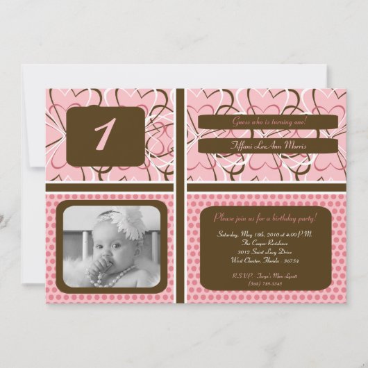 5x7ハート水玉模様の誕生日パーティへの招待 招待状 (正面)