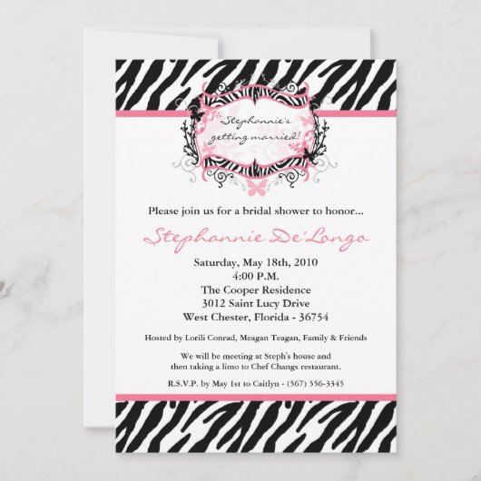 5x7バタフライZebra Print Bridal Shawer Invitation 招待状 (正面)