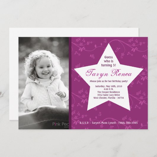 5x7パープルスターフォトバースデーパーティーの招待 招待状 (正面/裏面)