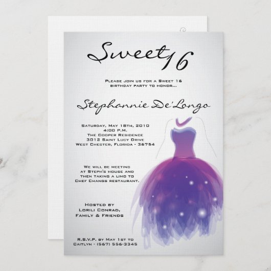 5x7パープルドレススウィート16誕生日招待状 招待状 (正面/裏面)