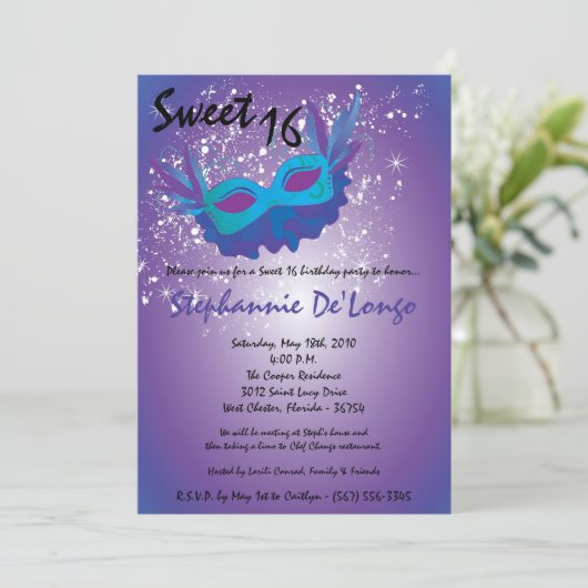 5x7パープルマスカレードスウィート16誕生日招待状 招待状 (スタンド正面)
