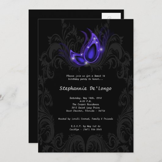 5x7パープルマスカレードスウィート16誕生日招待状 招待状 (正面/裏面)