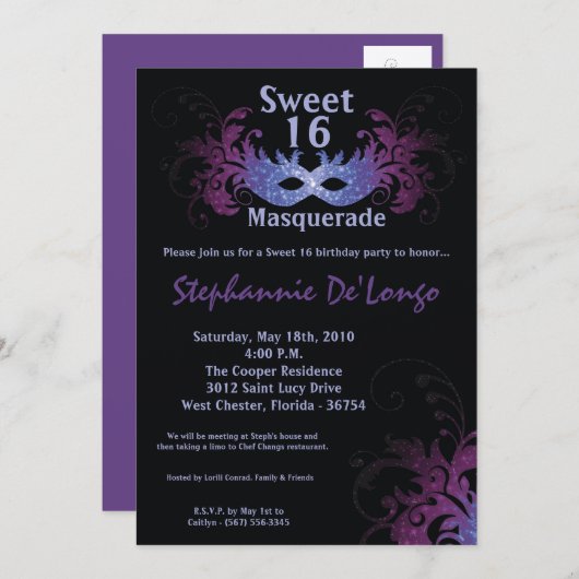 5x7パープルマスカレードスウィート16誕生日招待状 招待状 (正面/裏面)