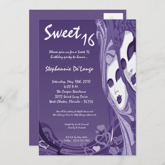 5x7パープルマスカレードスウィート16誕生日招待状 招待状 (正面/裏面)