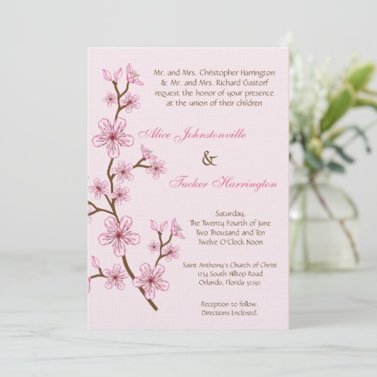 5x7ピンクさくらんぼブラッサムリネン結婚式招待状 招待状 (スタンド正面)