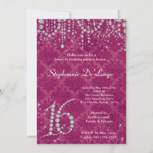 5x7ピンクのダイヤモンドの菓子16の誕生日の招待状 招待状 (正面)