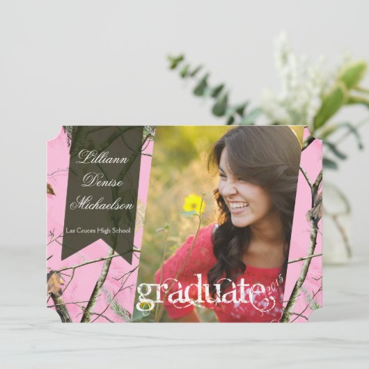 5x7ピンクのハンターの迷彩柄のCamouflaの先輩の発表 案内状 (スタンド正面)