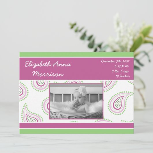 5x7ピンクのペイズリーパターン写真の誕生のお知らせ 案内状 (スタンド正面)