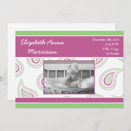 5x7ピンクのペイズリーパターン写真の誕生のお知らせ 案内状 (正面/裏面)