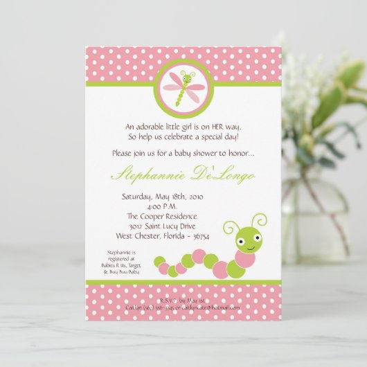 5x7ピンクの幼虫の昆虫のベビーシャワーの招待状 招待状 (スタンド正面)