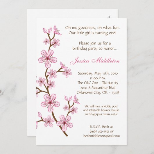 5x7ピンクの桜の誕生日のパーティの招待状 招待状 (正面/裏面)