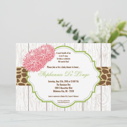 5x7ピンクの花のチータのベビーシャワーの招待状 招待状 (スタンド正面)