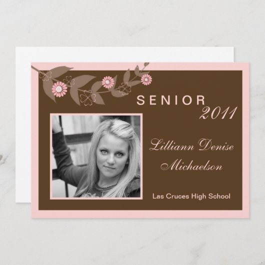 5x7ピンクの花フローラ写真シニア発表 案内状 (正面/裏面)