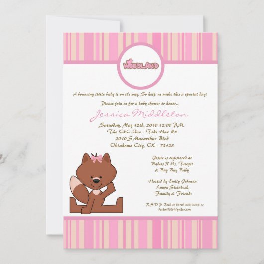 5x7ピンクガールウッドランドキツネベビーシャワー招待状 招待状 (正面)