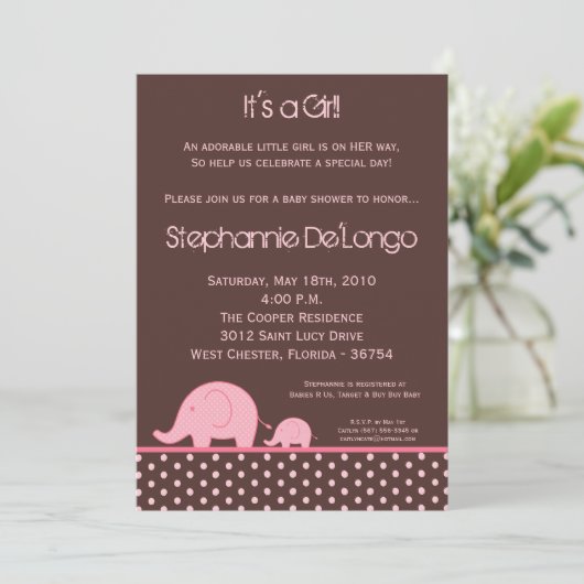 5x7ピンクガール象モダン赤ちゃんシャワー招待状 招待状 (スタンド正面)
