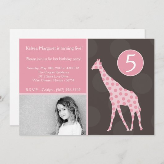 5x7ピンクキリン写真の誕生日パーティーへの招待 招待状 (正面/裏面)