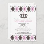 5x7ピンククラウンアーガイル誕生日パーティーへの招待 招待状 (正面/裏面)