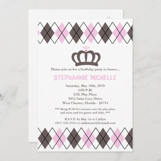 5x7ピンククラウンアーガイル誕生日パーティーへの招待 招待状 (正面/裏面)
