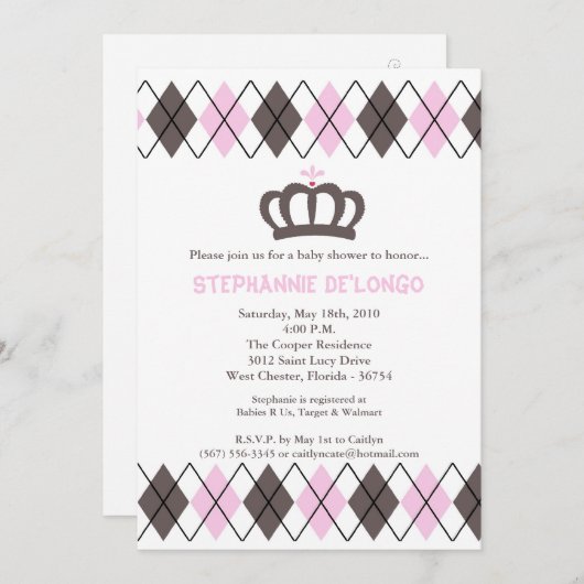 5x7ピンクグレークラウンアーガイルベビーシャワー招待状 招待状 (正面/裏面)