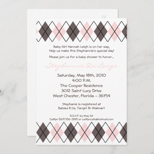 5x7ピンクグレーパンクアーガイルベビーシャワー招待状 招待状 (正面/裏面)