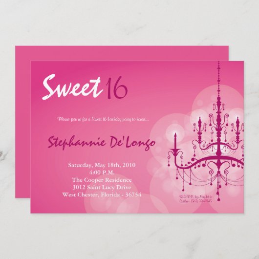 5x7ピンクシャンデリアスウィート16誕生日招待状 招待状 (正面/裏面)