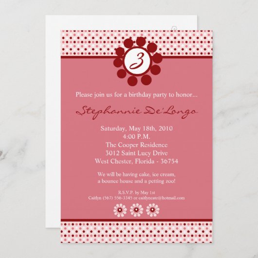 5x7ピンクスイートハート水玉模様誕生日招待状 招待状 (正面/裏面)